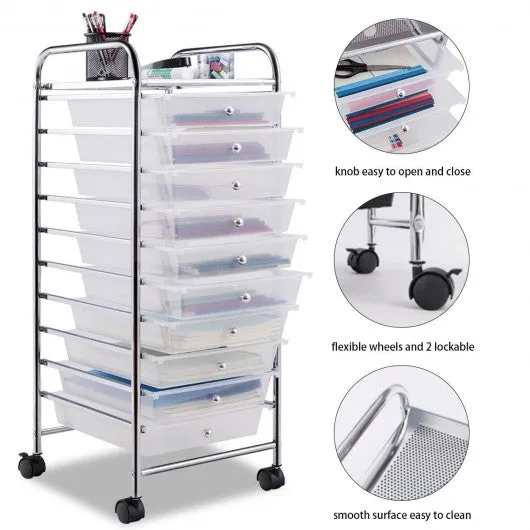 10 Drawer Rolling Storage Cart Organizer-Clear