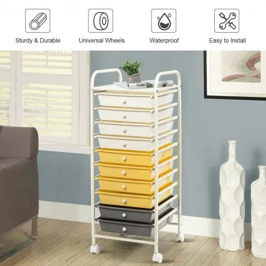10 Drawer Rolling Storage Cart Organizer-Yellow