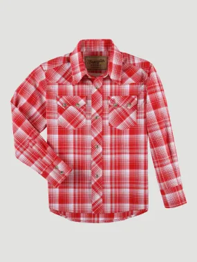 112324661- Wrangler Boy’s Retro Western LS Snap Plaid Shirt - Rhubarb Red