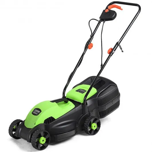 14" Electric Push Lawn Corded Mower with Grass Bag-Green