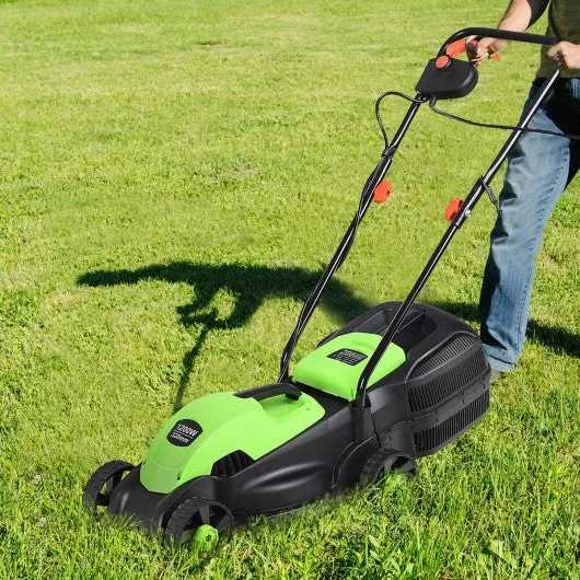 14" Electric Push Lawn Corded Mower with Grass Bag-Green