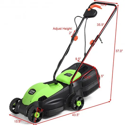 14" Electric Push Lawn Corded Mower with Grass Bag-Green
