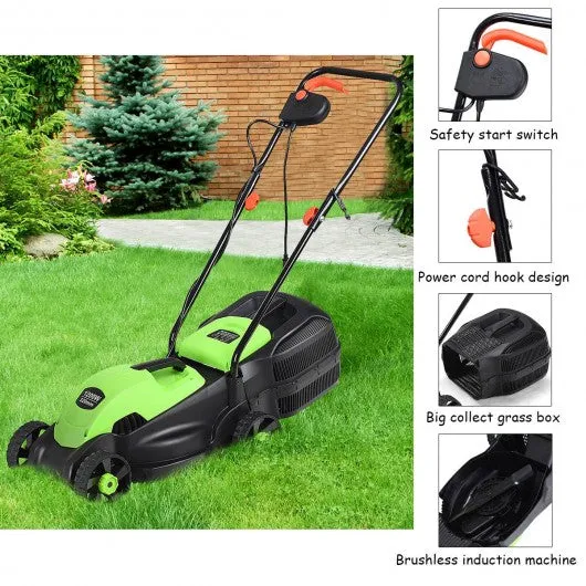 14" Electric Push Lawn Corded Mower with Grass Bag-Green