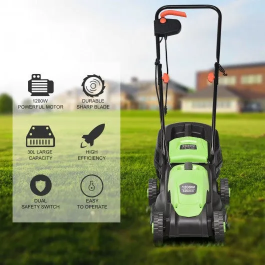 14" Electric Push Lawn Corded Mower with Grass Bag-Green