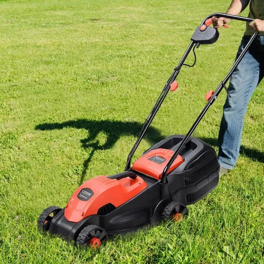 14" Electric Push Lawn Corded Mower with Grass Bag-Red