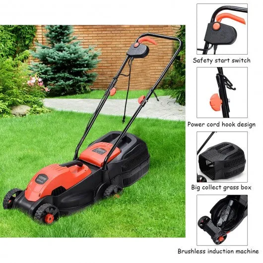 14" Electric Push Lawn Corded Mower with Grass Bag-Red