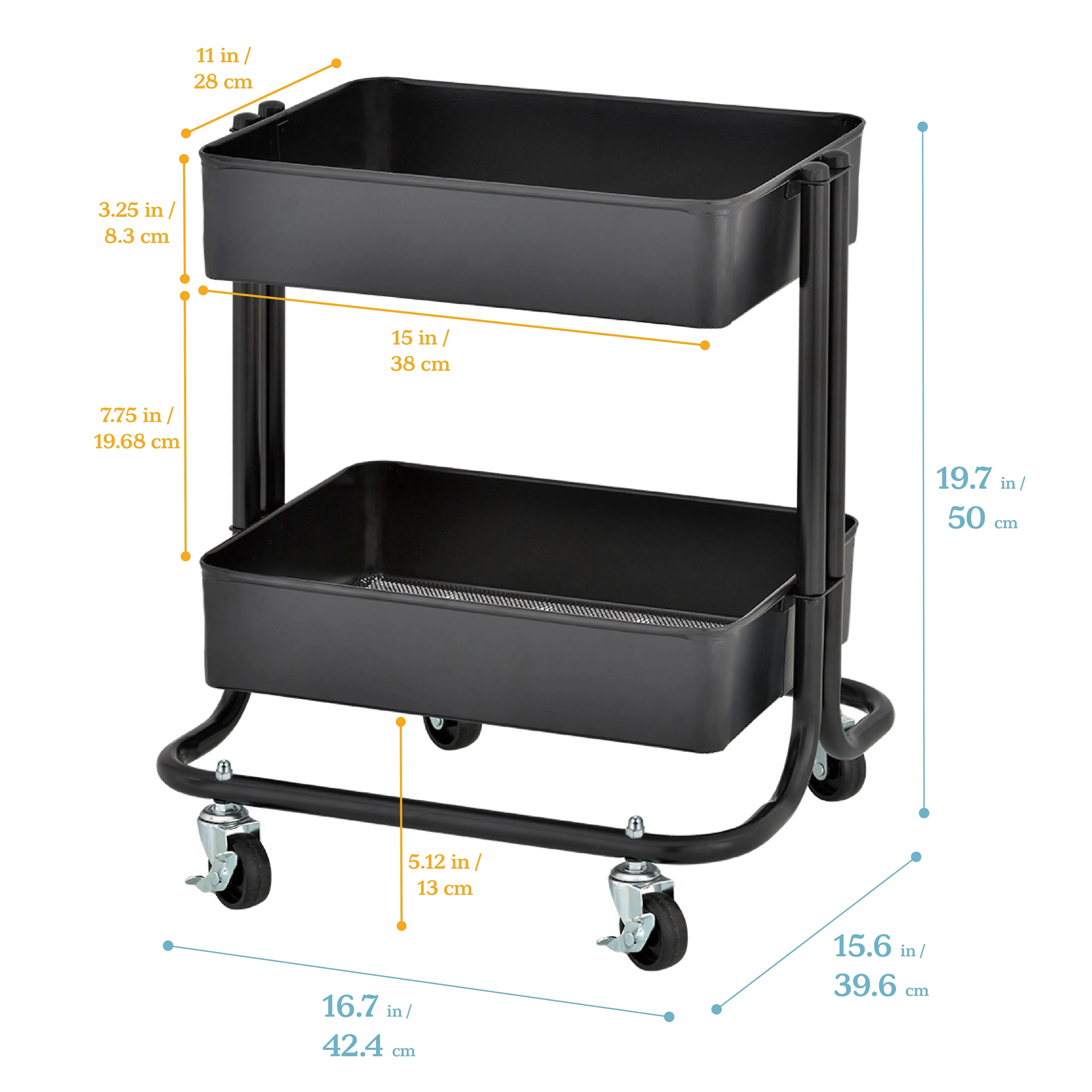 2-Tier Metal Rolling Utility Cart, Mobile Storage Organizer