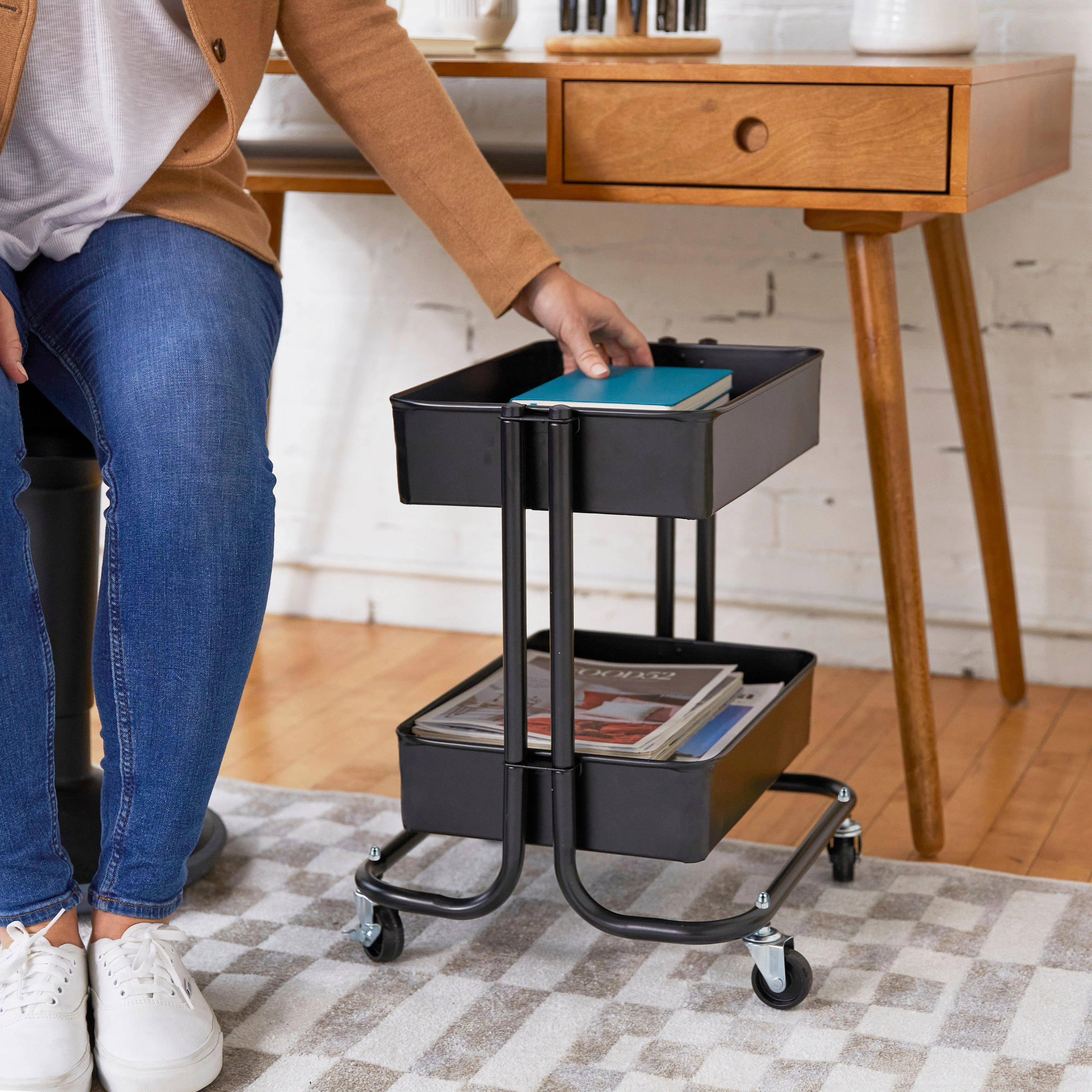 2-Tier Metal Rolling Utility Cart, Mobile Storage Organizer