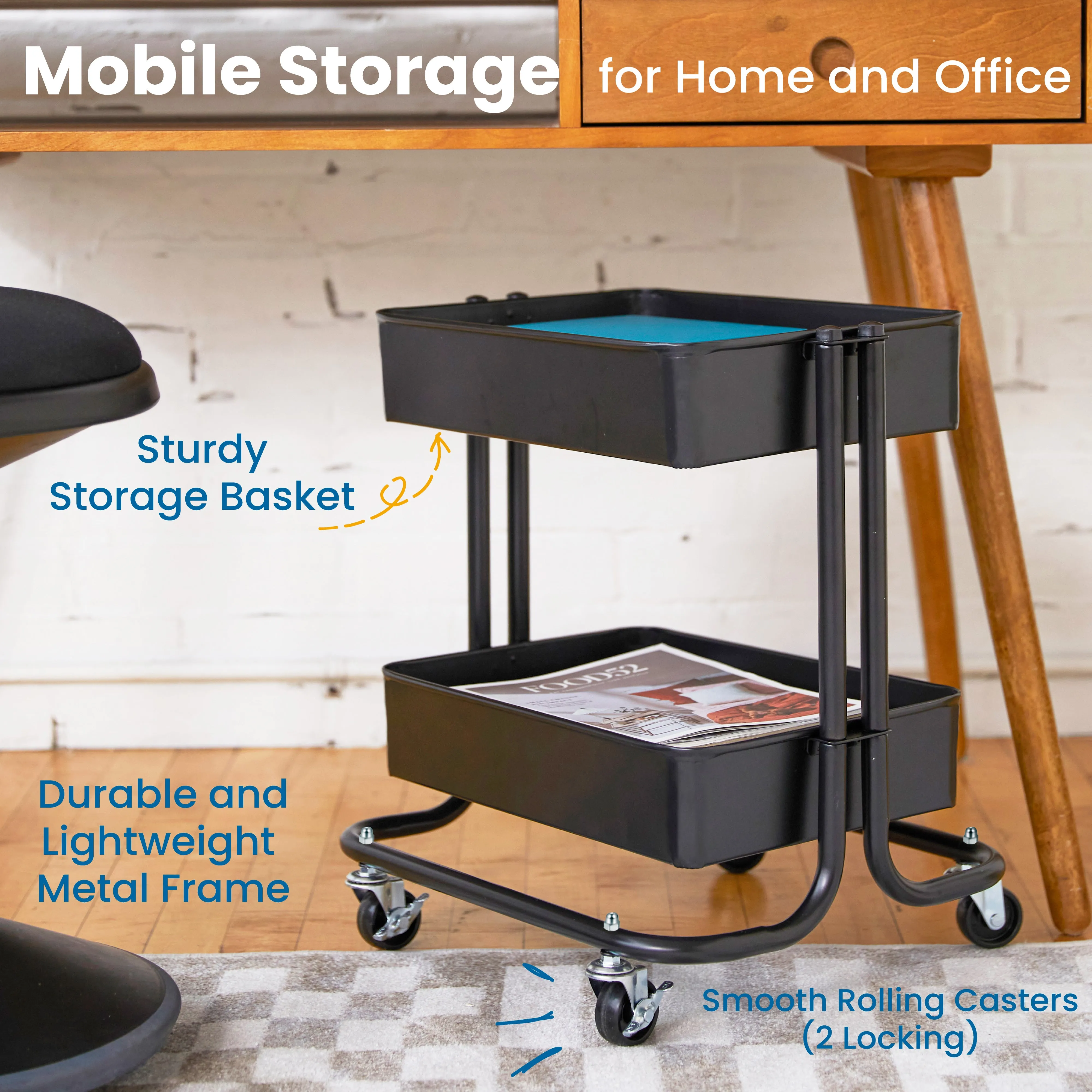 2-Tier Metal Rolling Utility Cart, Mobile Storage Organizer