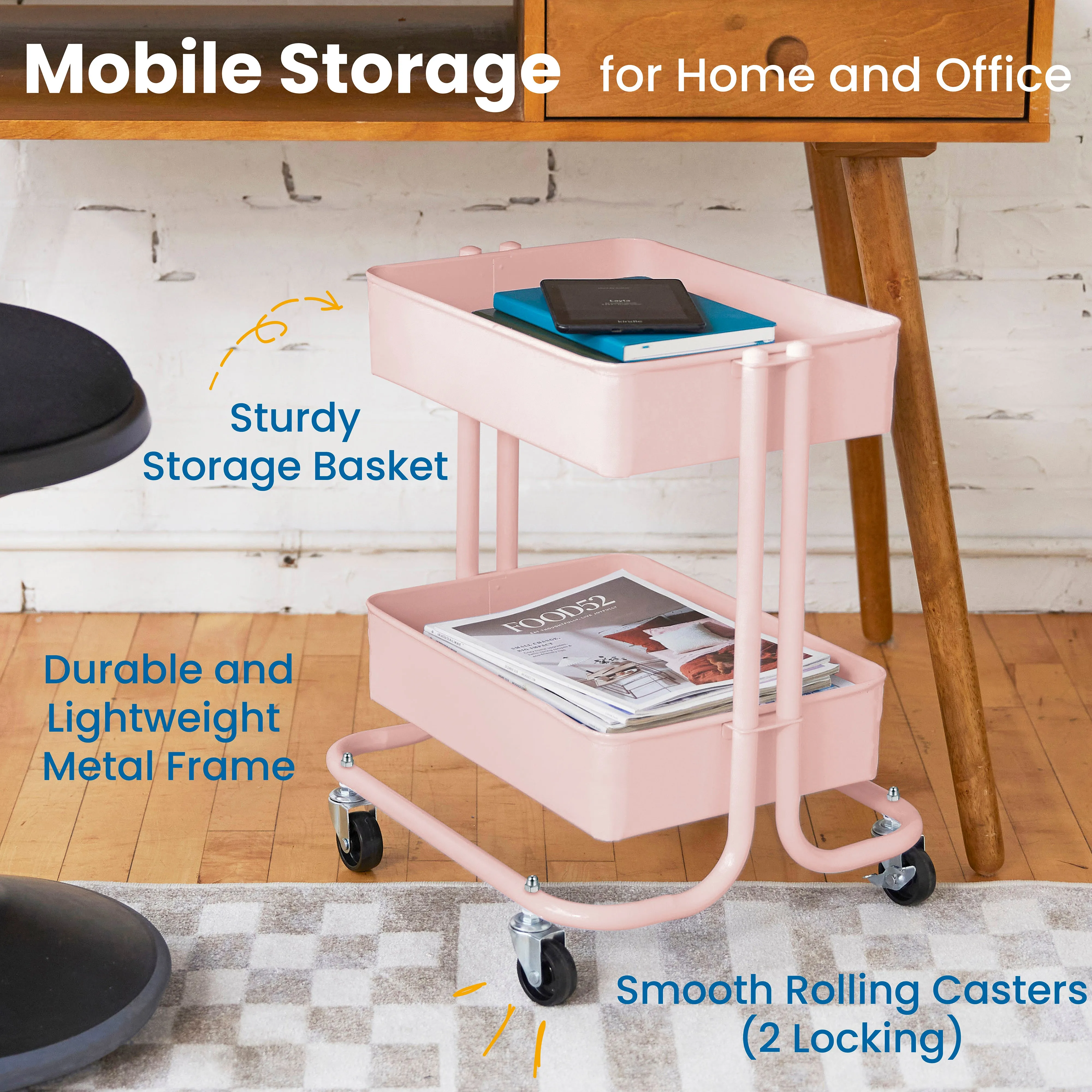 2-Tier Metal Rolling Utility Cart, Mobile Storage Organizer