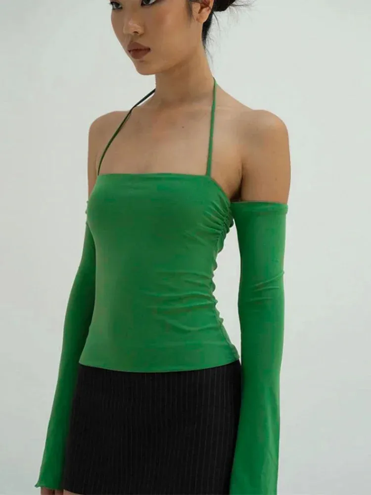 2000s Y2k Tops Halter Neck Slash Neck Long Sleeve Fitted Shirts Green Black Tees Women Korean Style Clothes C95-BB13