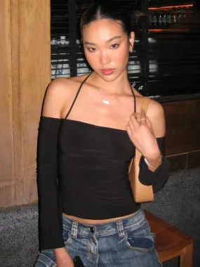 2000s Y2k Tops Halter Neck Slash Neck Long Sleeve Fitted Shirts Green Black Tees Women Korean Style Clothes C95-BB13