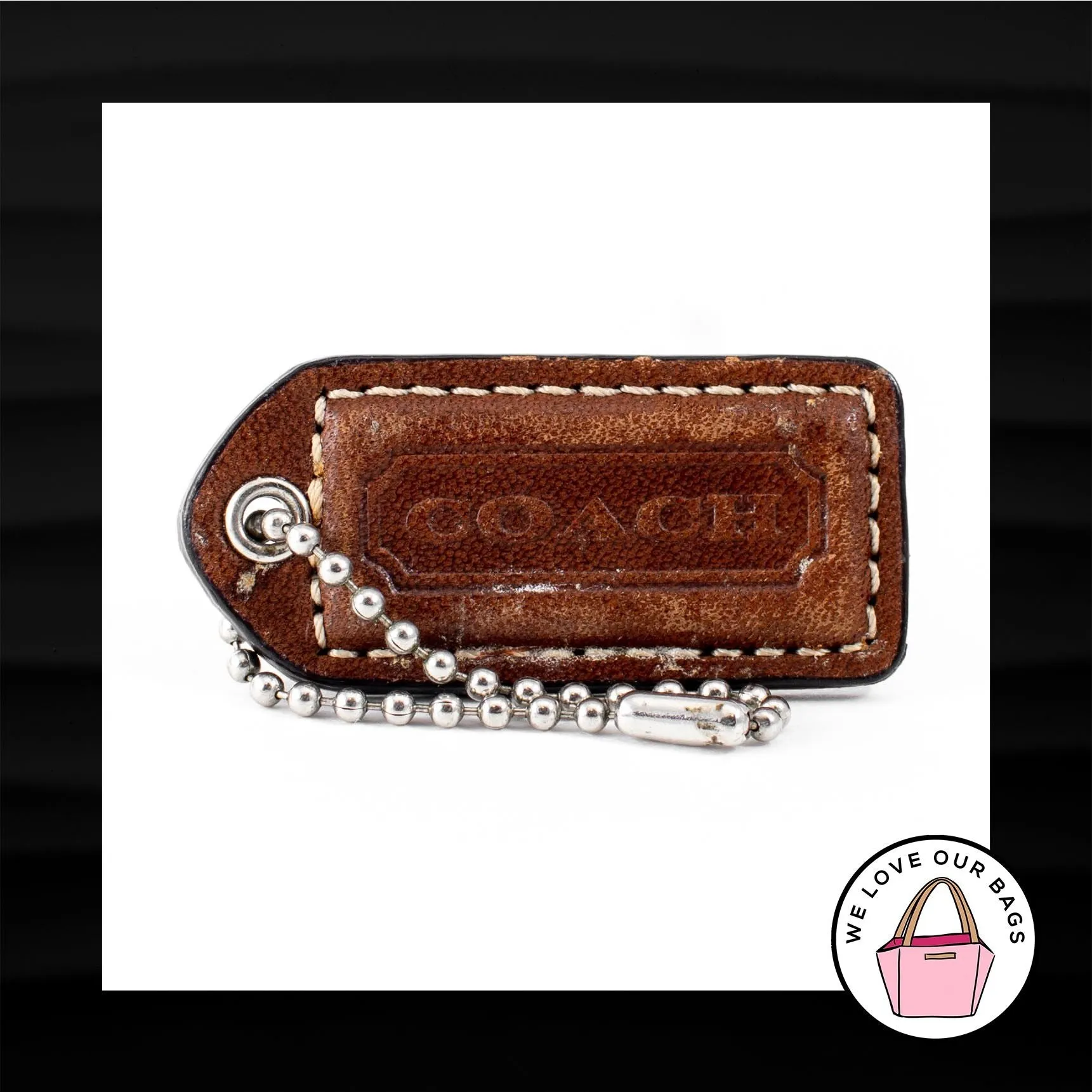 2" Medium COACH BROWN BLACK LEATHER KEY FOB BAG CHARM KEYCHAIN HANGTAG TAG