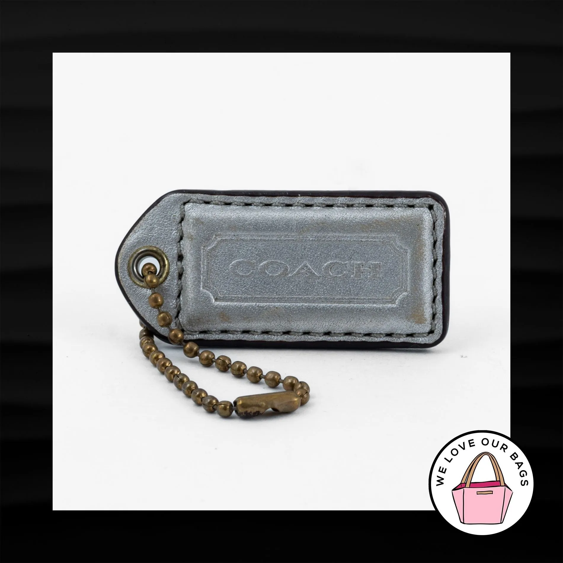 2" Medium COACH SILVER METALLIC LEATHER BRASS KEY FOB BAG CHARM KEYCHAIN HANGTAG