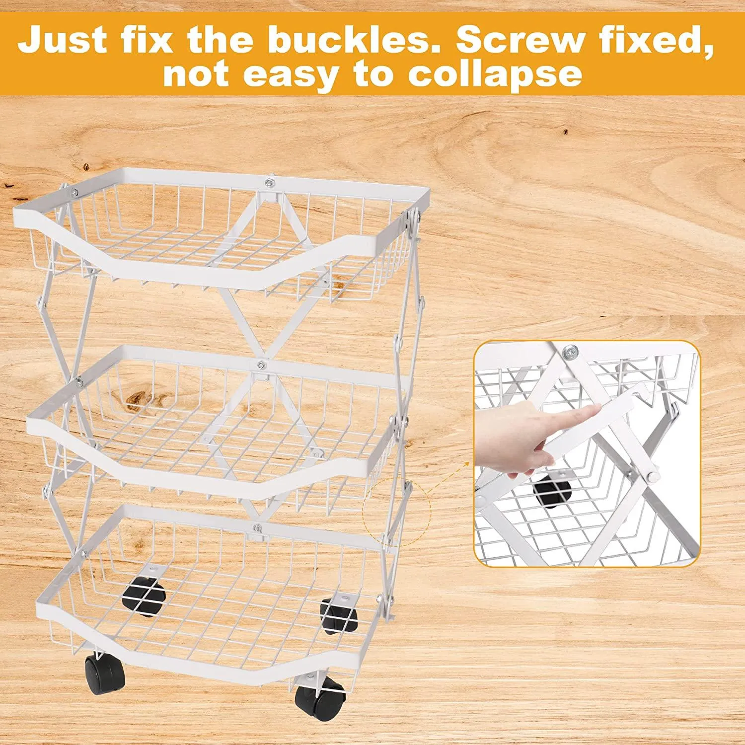 3 Tier Foldable Fruit Basket Kitchen Storage Rolling Cart, Living Room Baskets