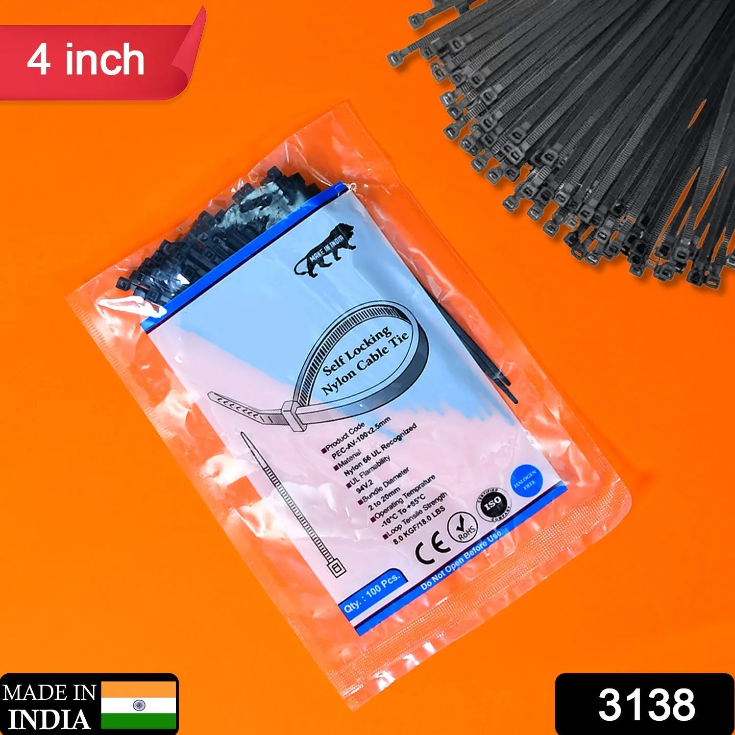 4Inch Nylon Self Locking Cable Ties, Heavy Duty Strong Zip Wire Tie. Pack of 100pc - Black