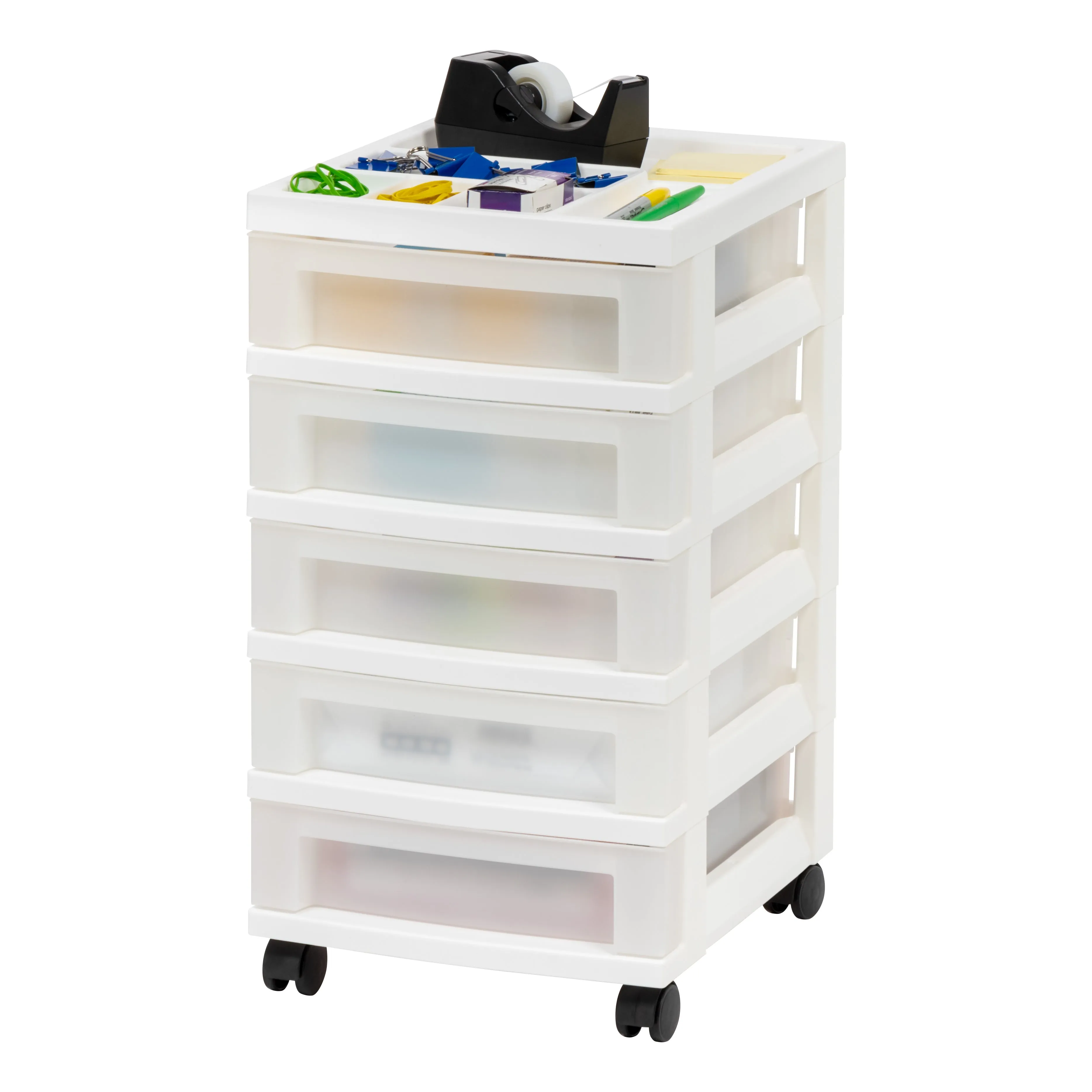 5-Drawer Storage Cart with Organizer Top, White/Pearl