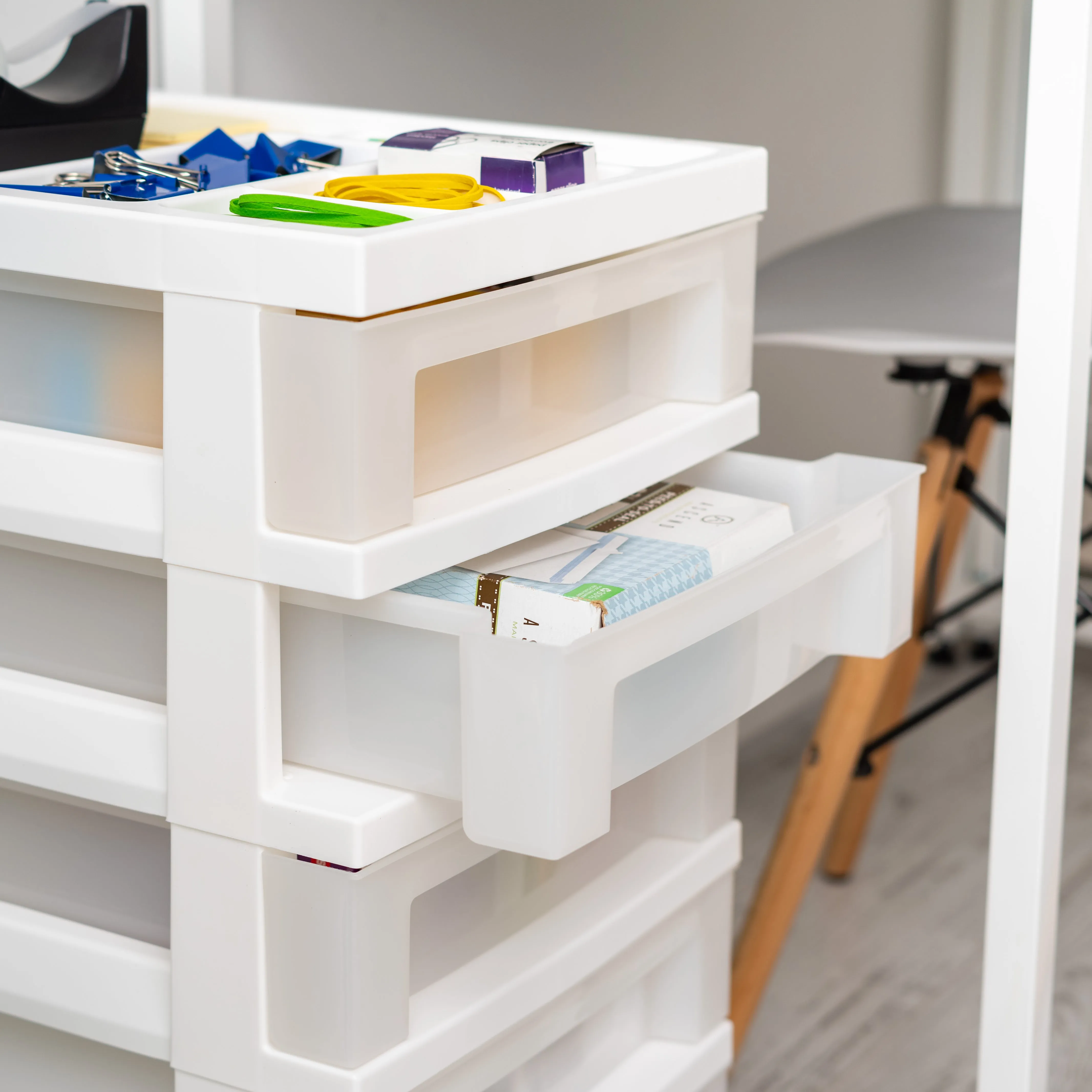 5-Drawer Storage Cart with Organizer Top, White/Pearl