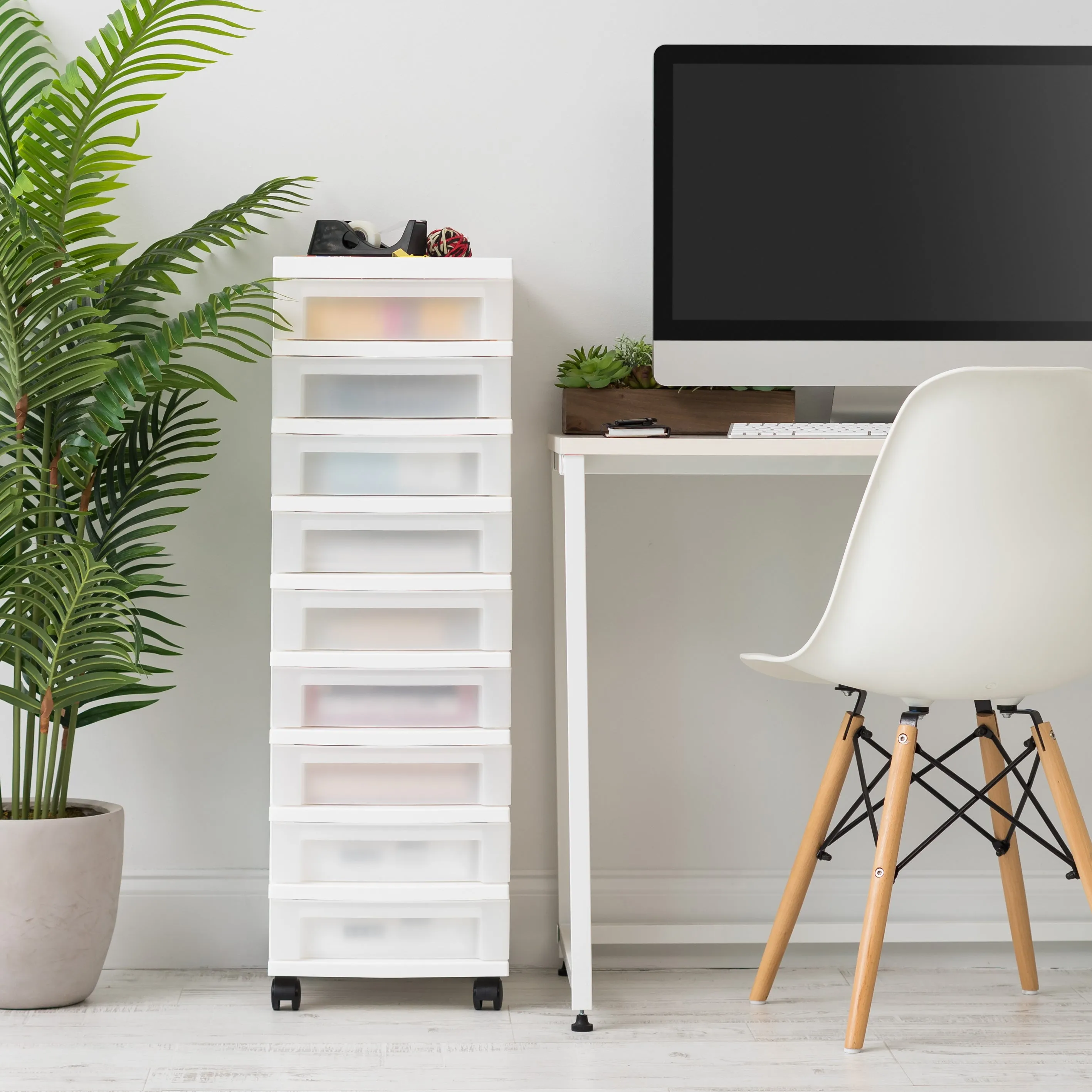 9-Drawer Storage Cart with Organizer Top, White/Pearl