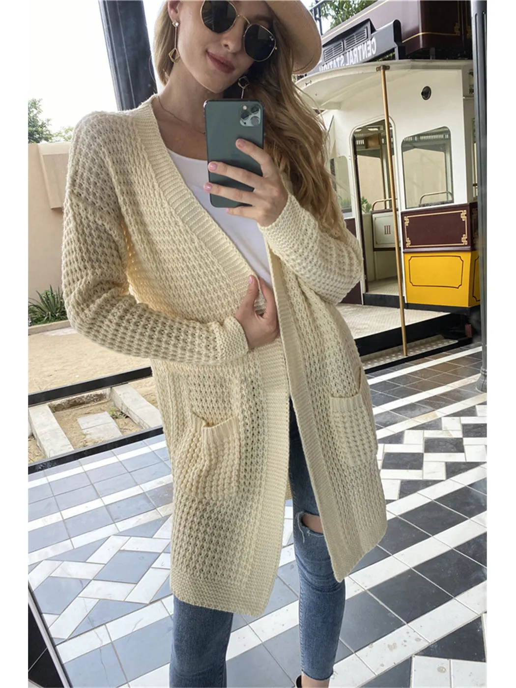 Anna-Kaci Women Solid Knit Long Sleeve Cardigan with Pockets, Open Front Lightweight Drop Shoulder Waffle Sweater Cover Up