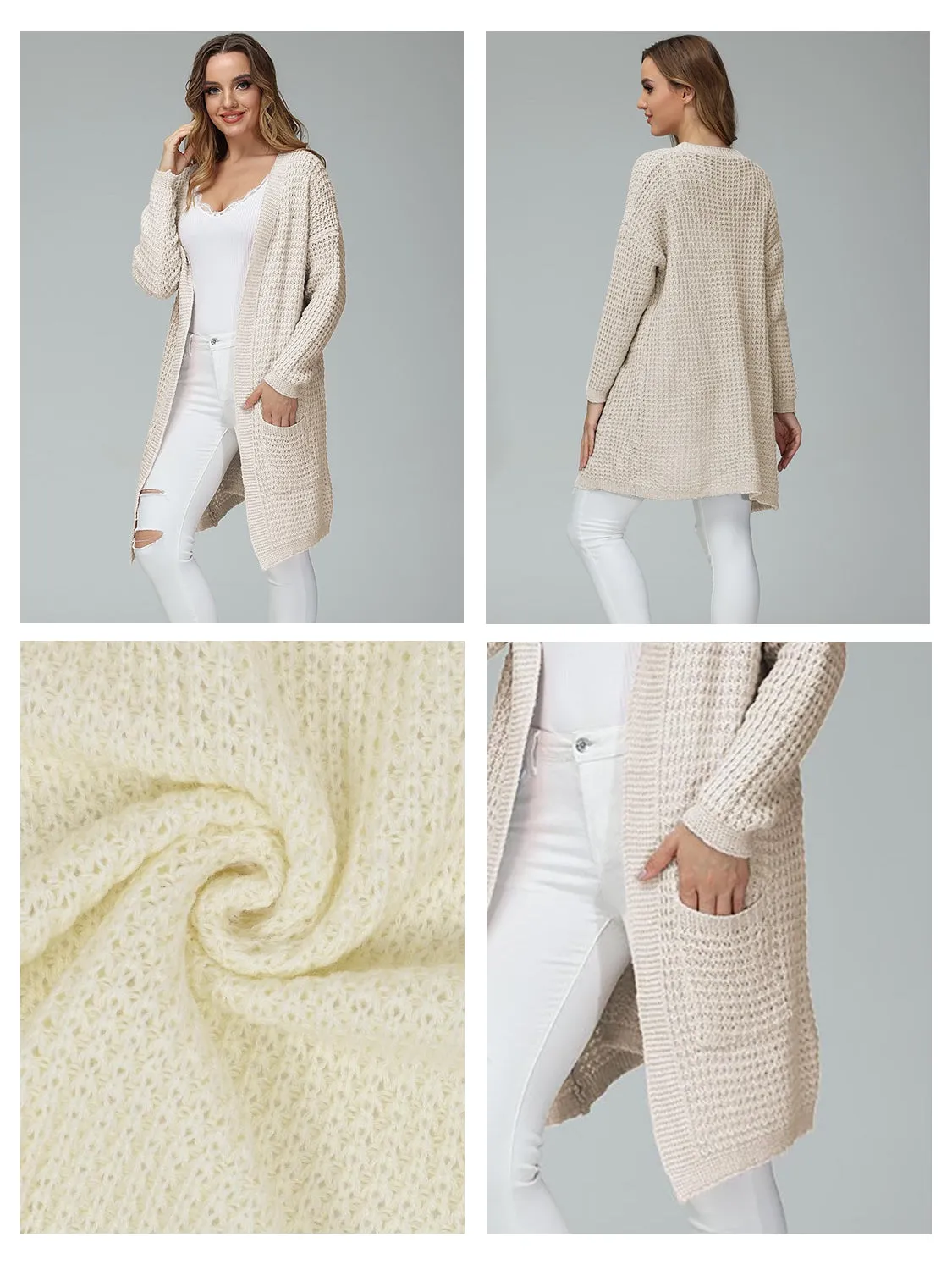 Anna-Kaci Women Solid Knit Long Sleeve Cardigan with Pockets, Open Front Lightweight Drop Shoulder Waffle Sweater Cover Up