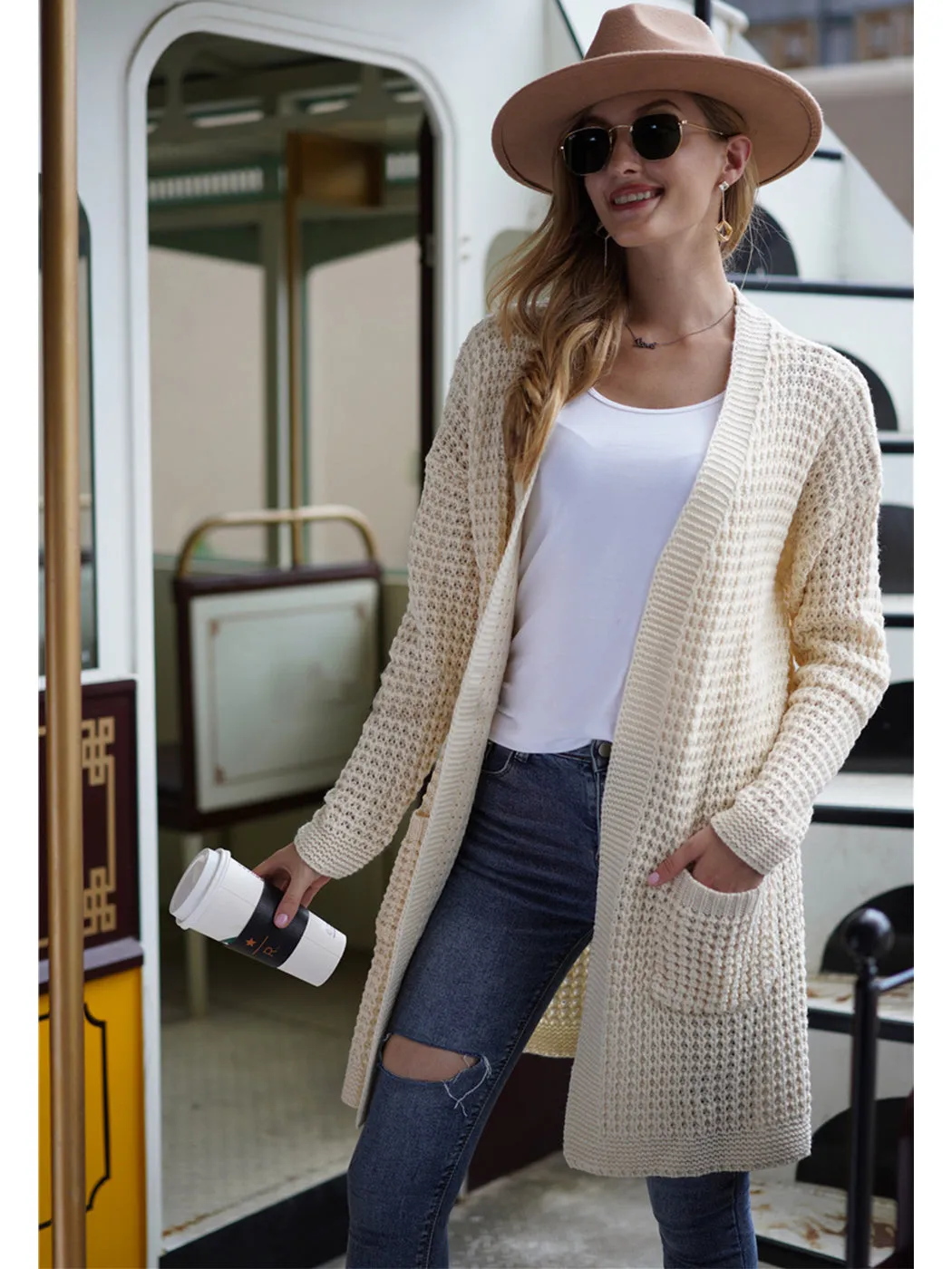 Anna-Kaci Women Solid Knit Long Sleeve Cardigan with Pockets, Open Front Lightweight Drop Shoulder Waffle Sweater Cover Up