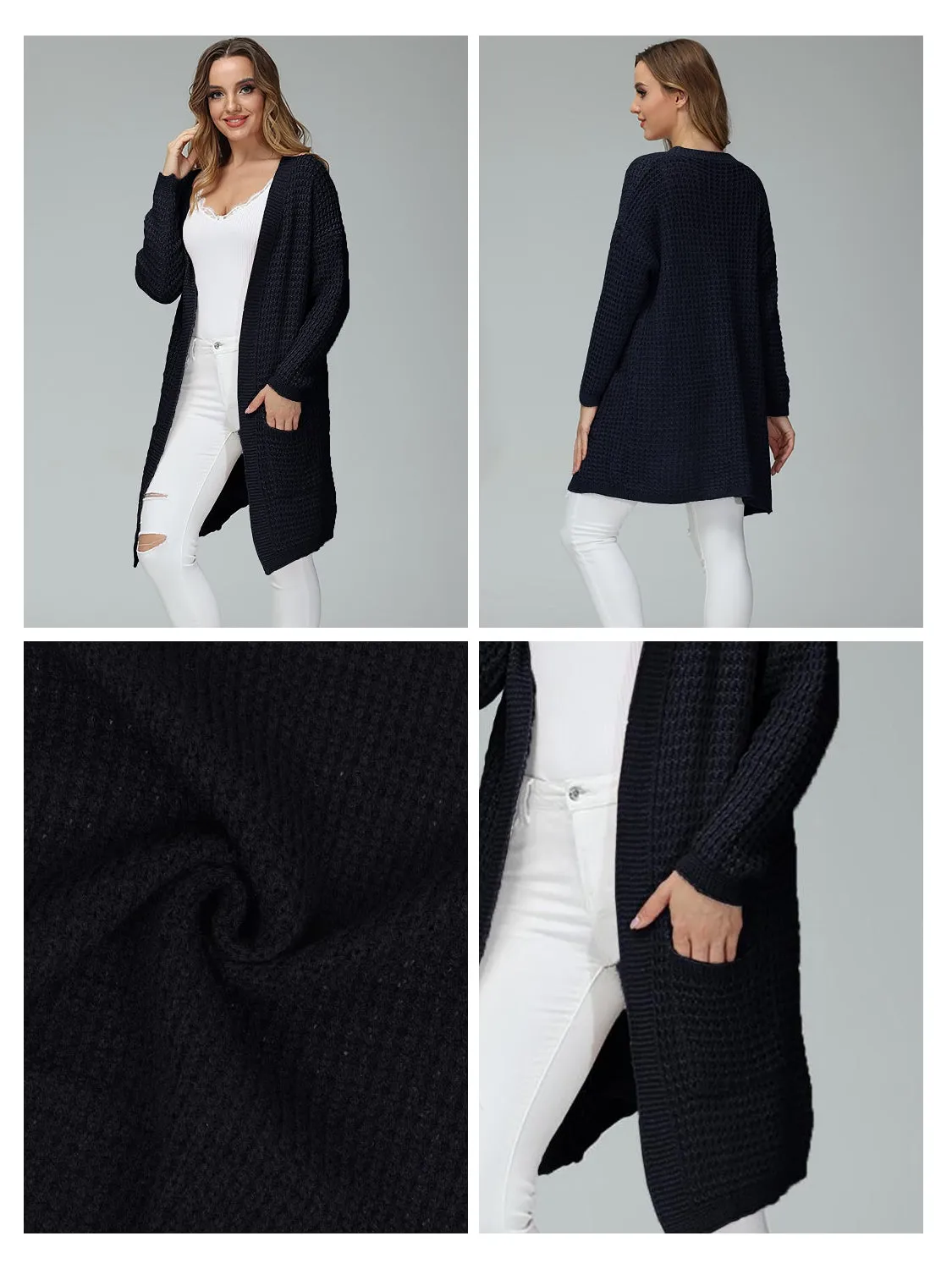 Anna-Kaci Women Solid Knit Long Sleeve Cardigan with Pockets, Open Front Lightweight Drop Shoulder Waffle Sweater Cover Up