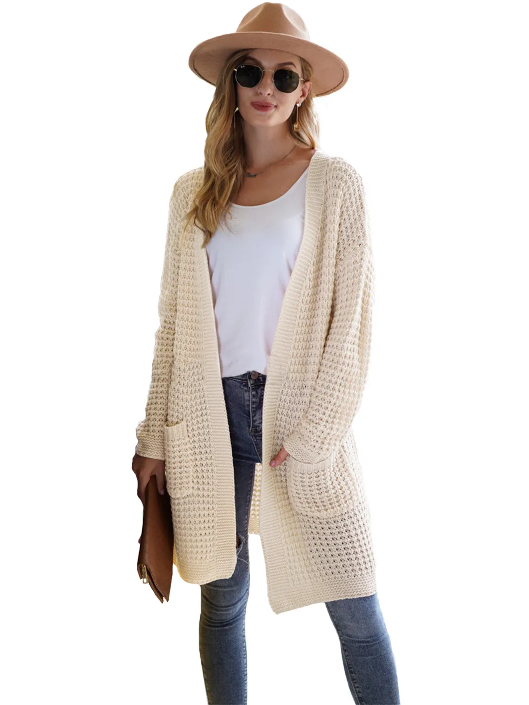 Anna-Kaci Women Solid Knit Long Sleeve Cardigan with Pockets, Open Front Lightweight Drop Shoulder Waffle Sweater Cover Up