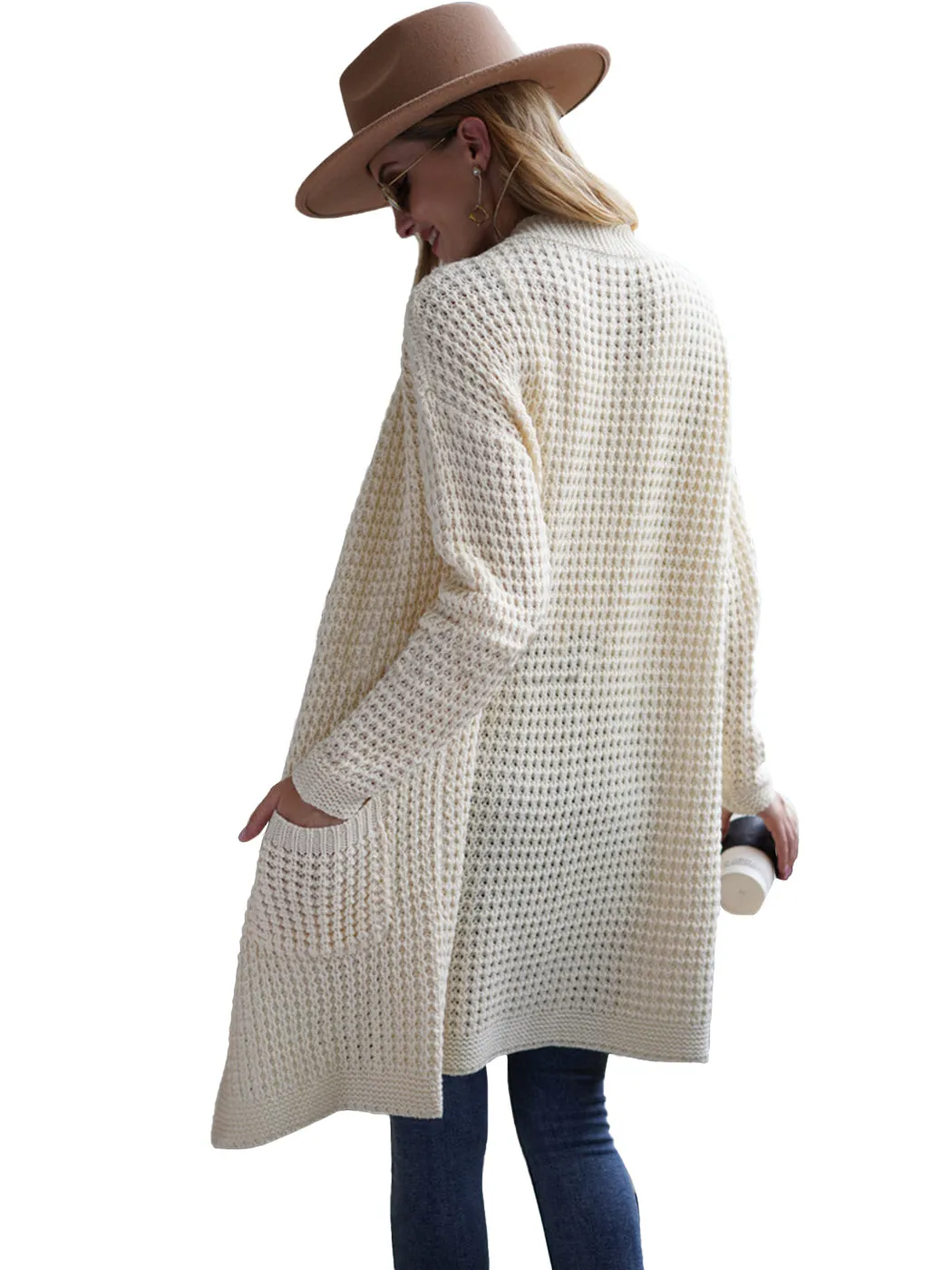 Anna-Kaci Women Solid Knit Long Sleeve Cardigan with Pockets, Open Front Lightweight Drop Shoulder Waffle Sweater Cover Up