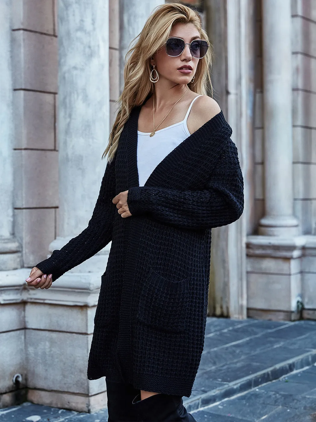 Anna-Kaci Women Solid Knit Long Sleeve Cardigan with Pockets, Open Front Lightweight Drop Shoulder Waffle Sweater Cover Up