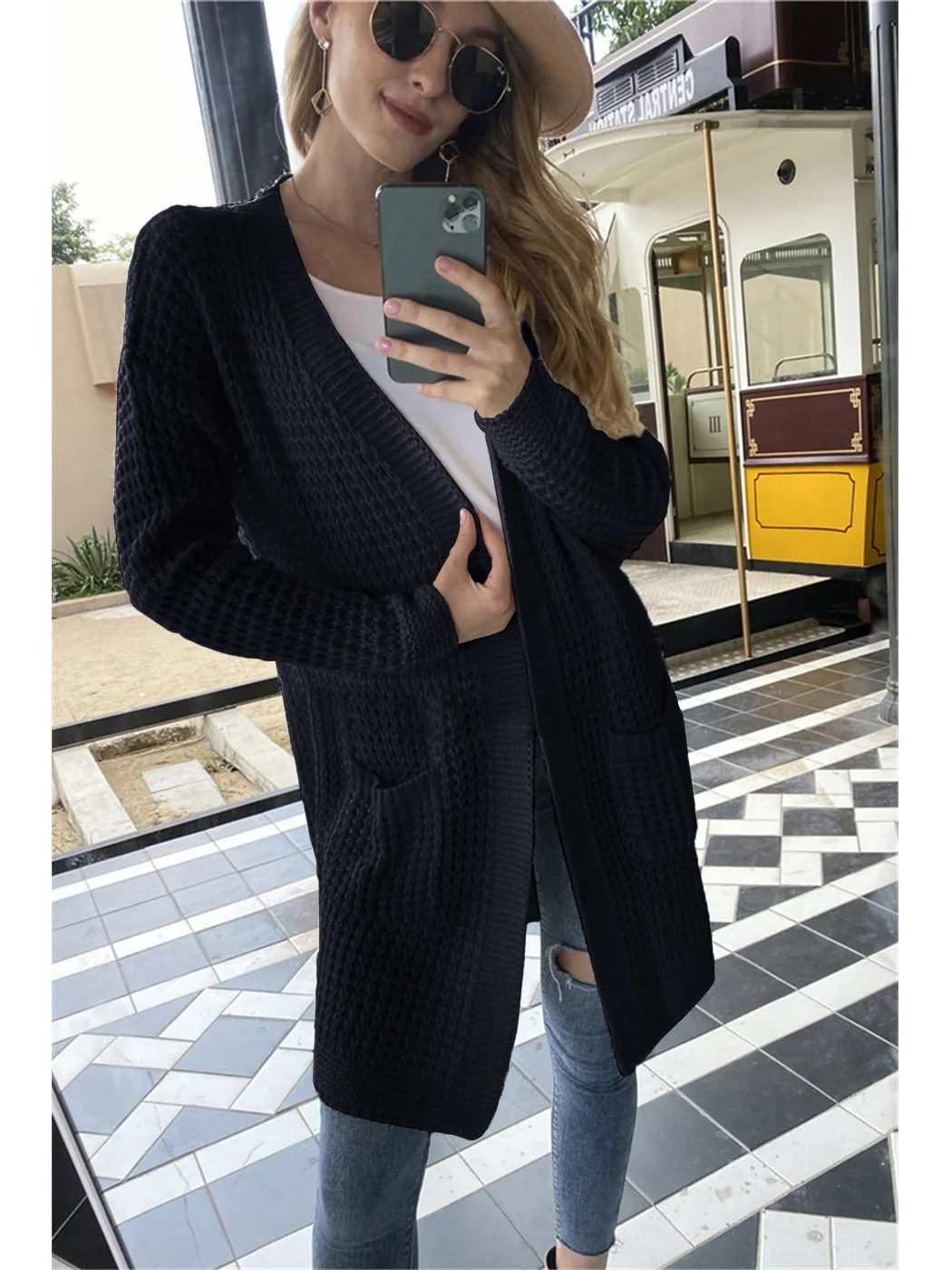 Anna-Kaci Women Solid Knit Long Sleeve Cardigan with Pockets, Open Front Lightweight Drop Shoulder Waffle Sweater Cover Up