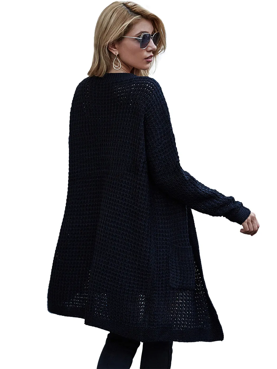 Anna-Kaci Women Solid Knit Long Sleeve Cardigan with Pockets, Open Front Lightweight Drop Shoulder Waffle Sweater Cover Up