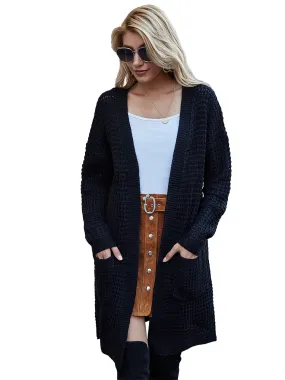 Anna-Kaci Women Solid Knit Long Sleeve Cardigan with Pockets, Open Front Lightweight Drop Shoulder Waffle Sweater Cover Up