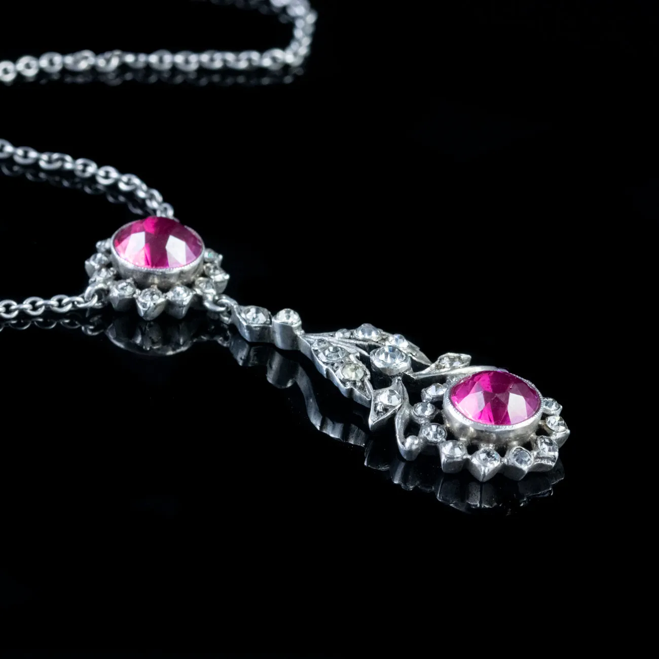Antique Edwardian Pink Paste Lavaliere Necklace Silver