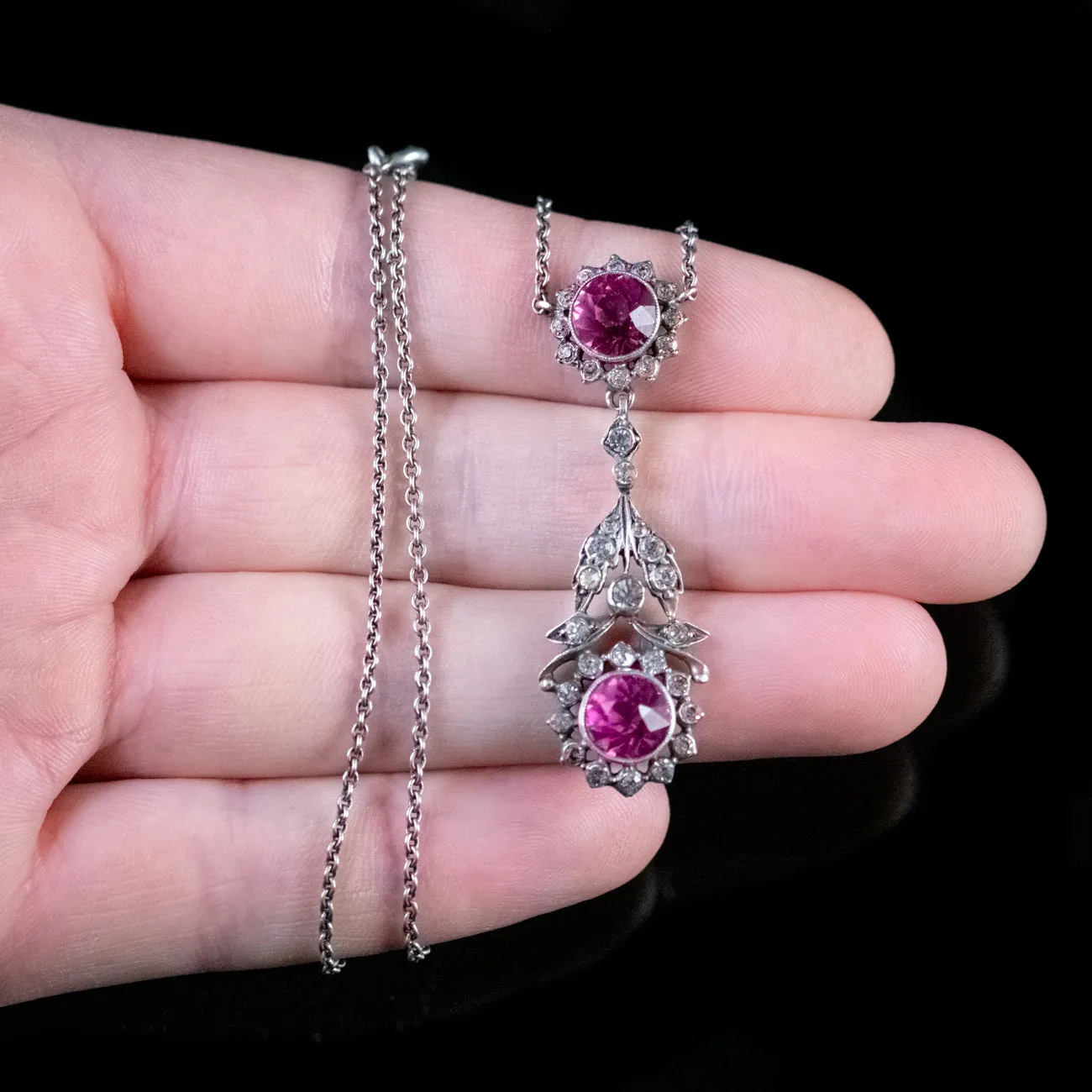 Antique Edwardian Pink Paste Lavaliere Necklace Silver