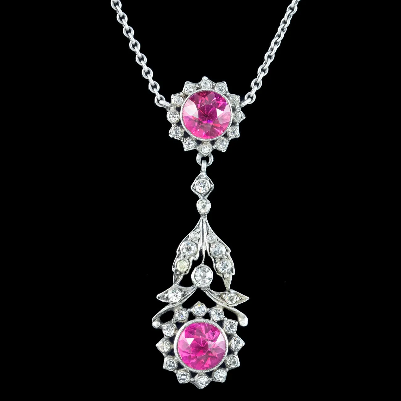 Antique Edwardian Pink Paste Lavaliere Necklace Silver