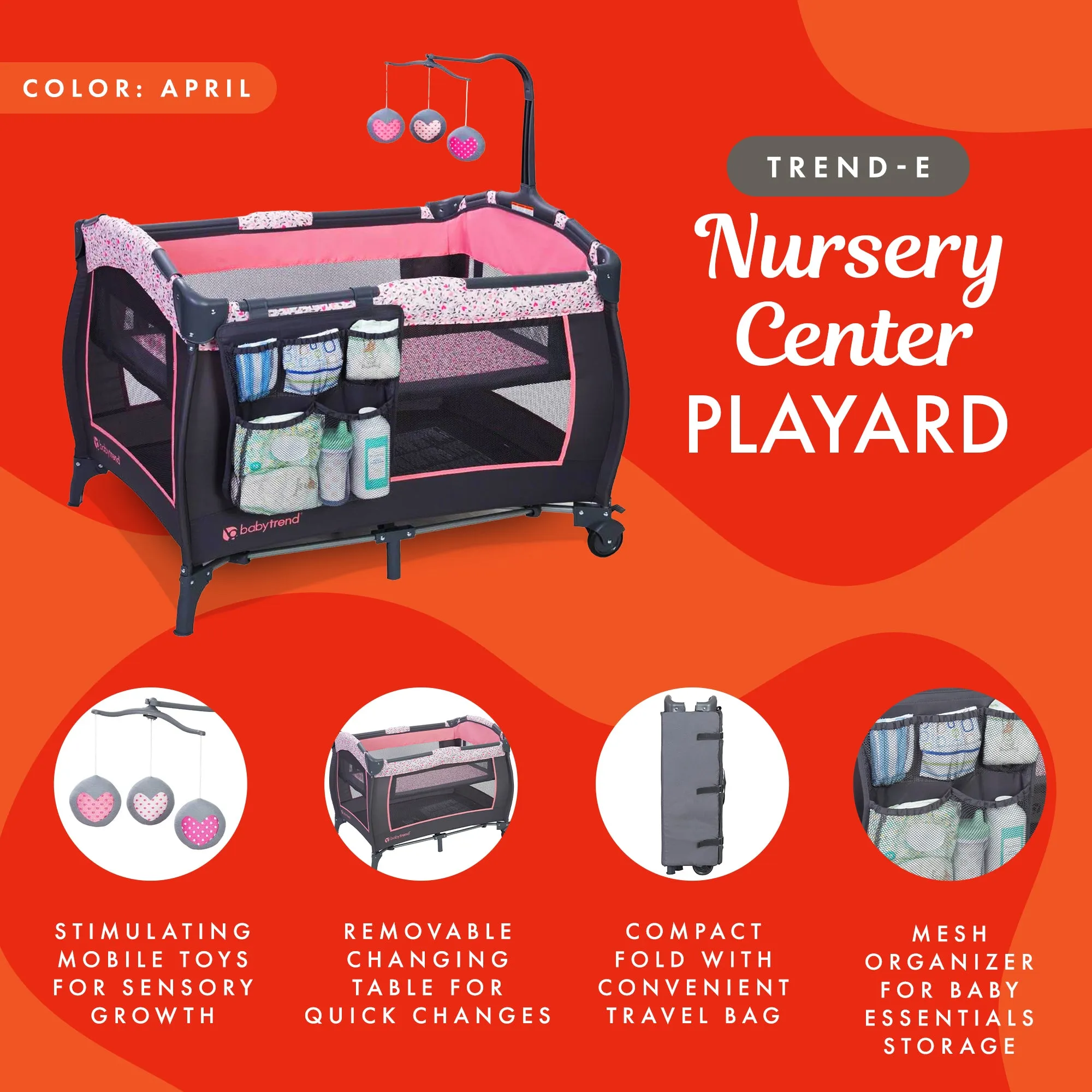 Baby Trend Portable Infant Trend-E Nursery Center with Bassinet, Starlight Pink