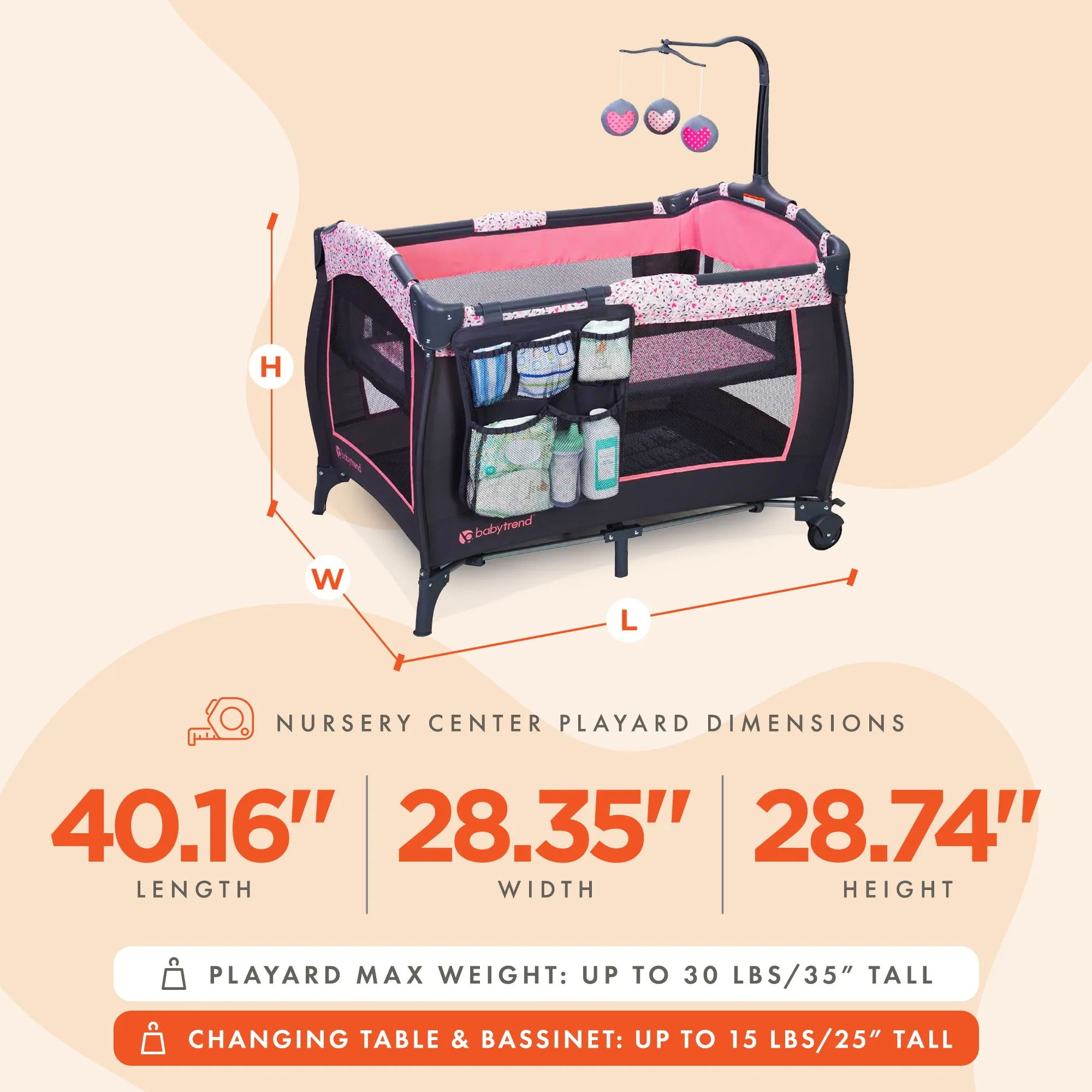 Baby Trend Portable Infant Trend-E Nursery Center with Bassinet, Starlight Pink