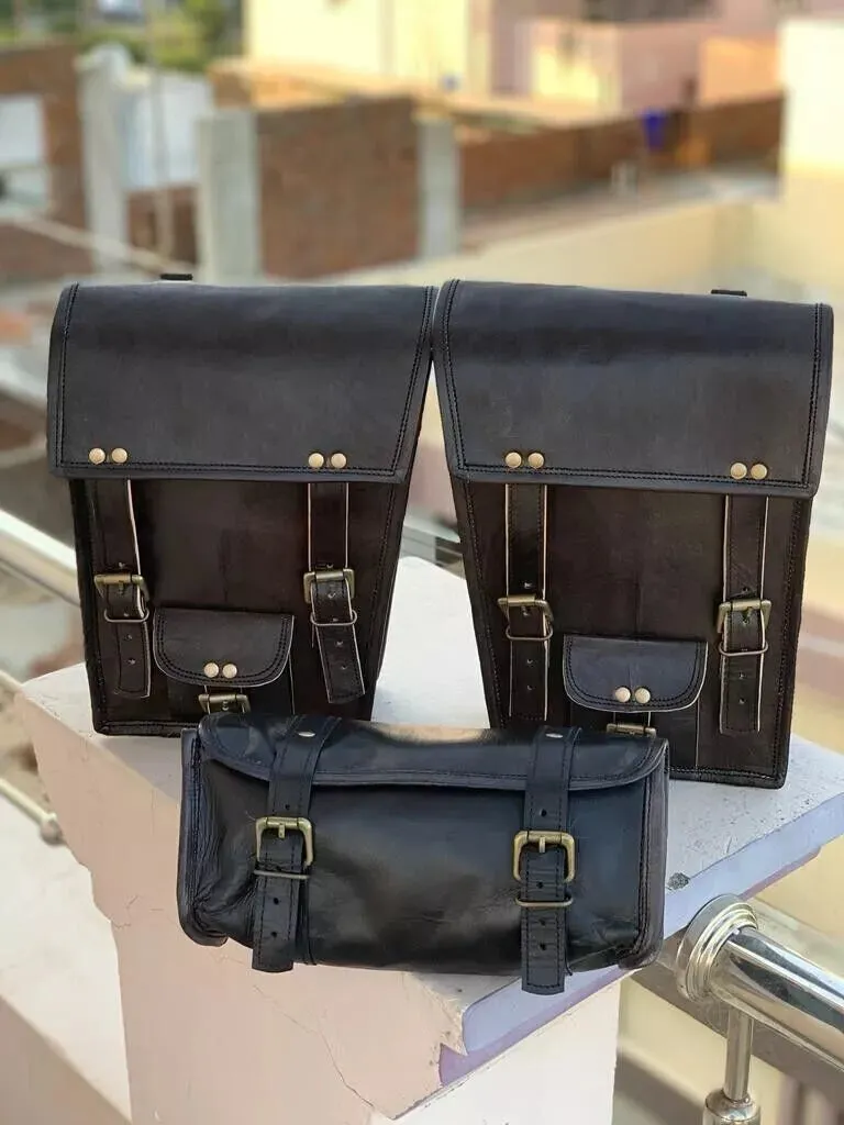 Black Leather Motorcycle Side Saddle bag