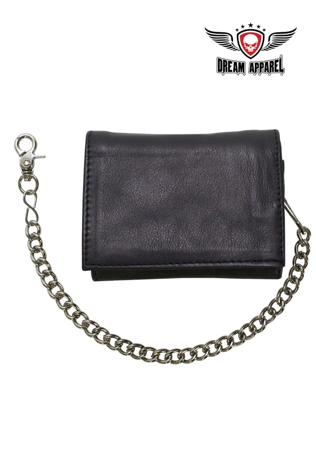 Black Multi-Pocket Naked Cowhide Leather Tri-Fold Wallet with Chain