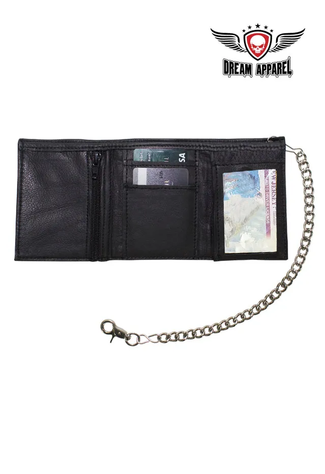 Black Multi-Pocket Naked Cowhide Leather Tri-Fold Wallet with Chain