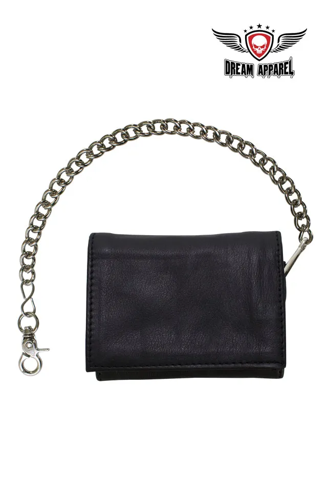 Black Multi-Pocket Naked Cowhide Leather Tri-Fold Wallet with Chain