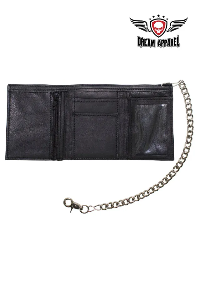 Black Multi-Pocket Naked Cowhide Leather Tri-Fold Wallet with Chain