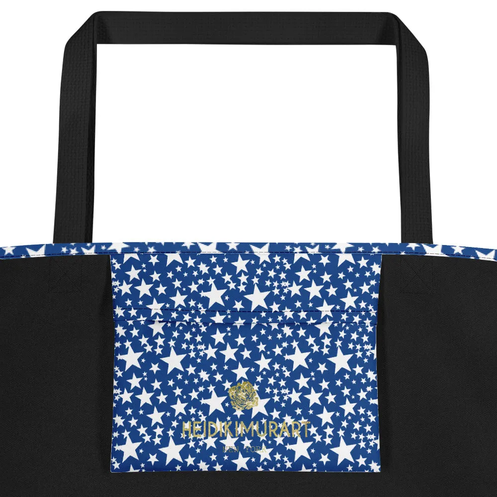 Blue White Star Tote Bag, Designer Large 16"x20" Unisex Beach Tote Bag- Made in USA/EU