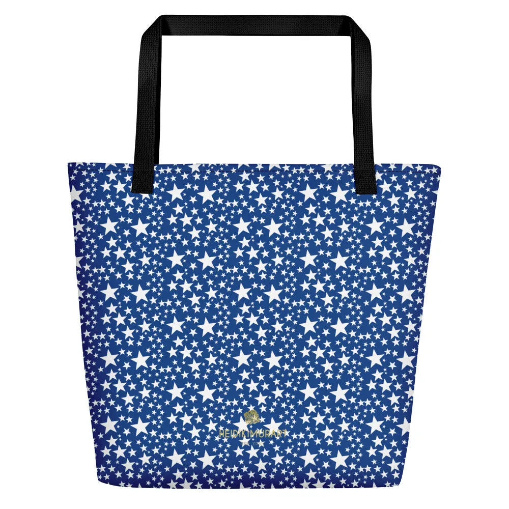 Blue White Star Tote Bag, Designer Large 16"x20" Unisex Beach Tote Bag- Made in USA/EU
