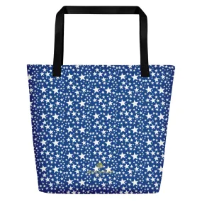 Blue White Star Tote Bag, Designer Large 16"x20" Unisex Beach Tote Bag- Made in USA/EU