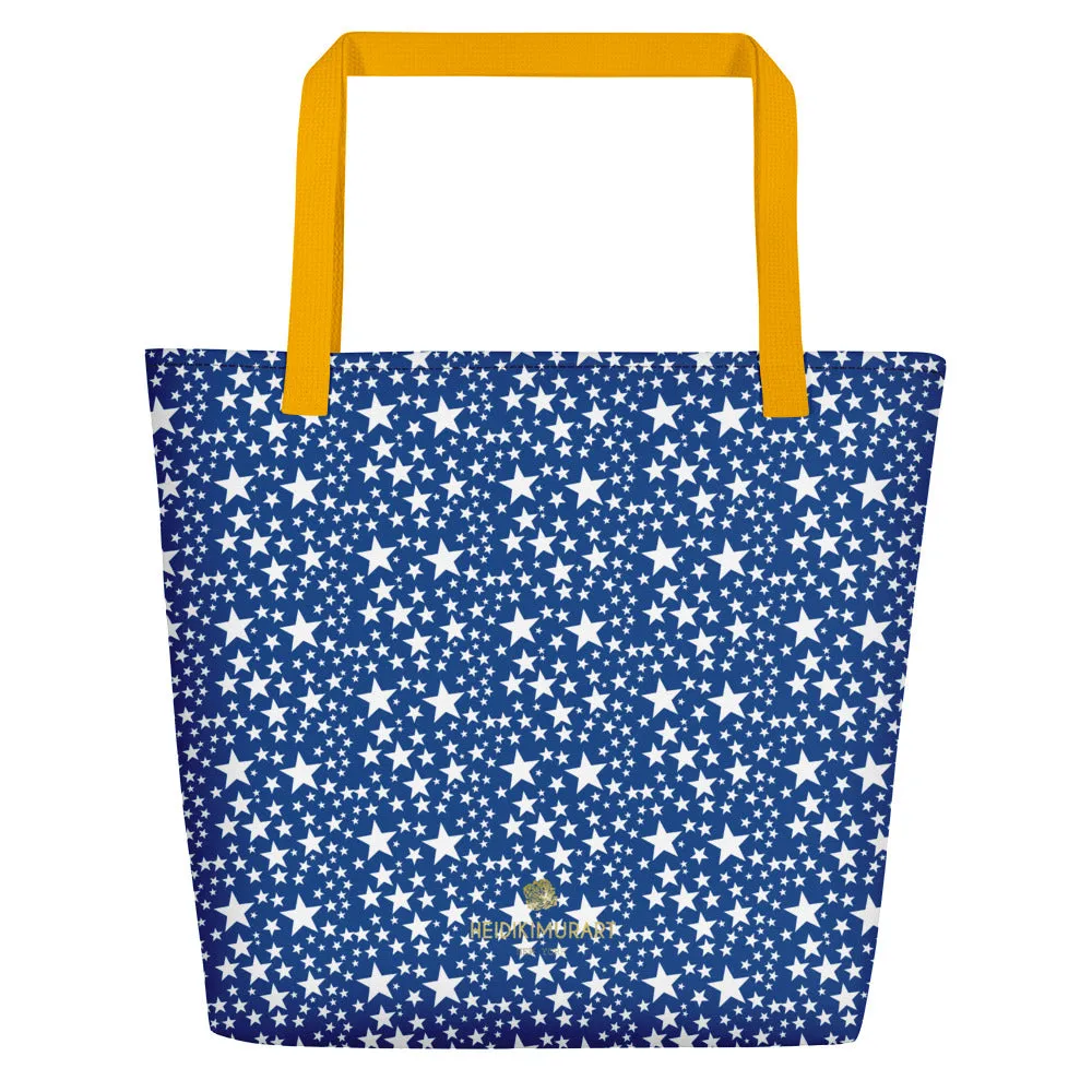 Blue White Star Tote Bag, Designer Large 16"x20" Unisex Beach Tote Bag- Made in USA/EU