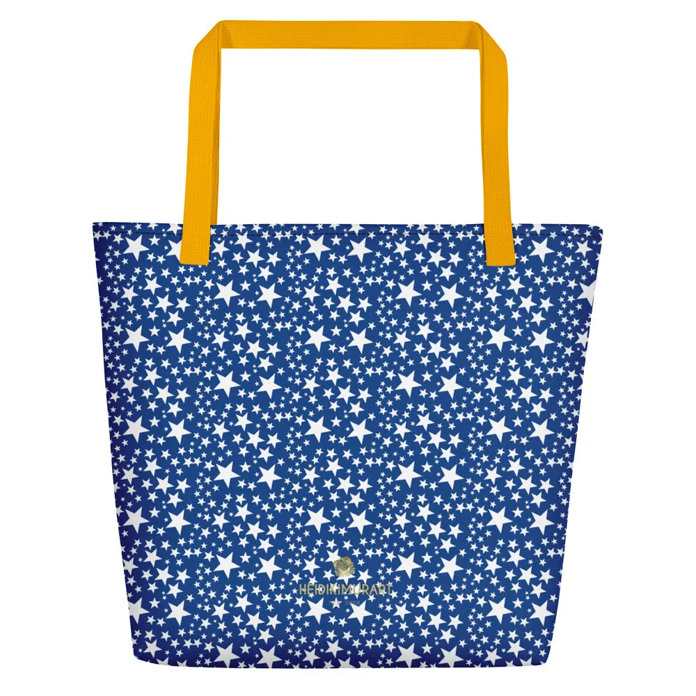 Blue White Star Tote Bag, Designer Large 16"x20" Unisex Beach Tote Bag- Made in USA/EU