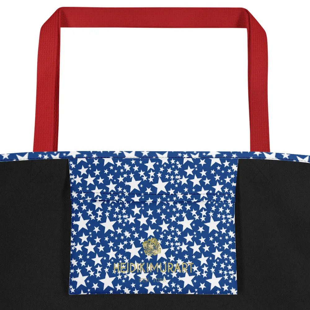 Blue White Star Tote Bag, Designer Large 16"x20" Unisex Beach Tote Bag- Made in USA/EU