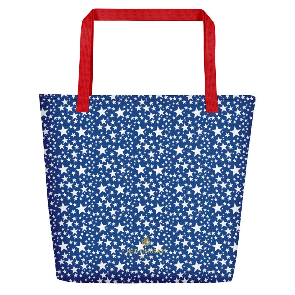 Blue White Star Tote Bag, Designer Large 16"x20" Unisex Beach Tote Bag- Made in USA/EU